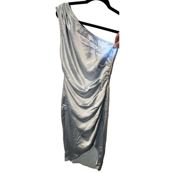 One Shoulder Ruched Satin Draped Slit Dress - Pretty Garden, Light Blue Small - Picture 6 of 9